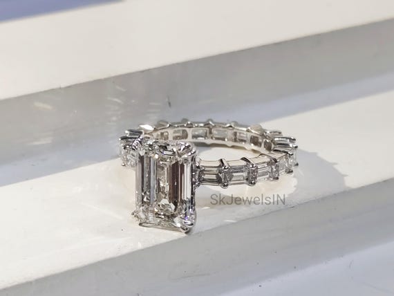 14K Gold Emerald Cut Moissanite Engagement Ring with Baguette Band