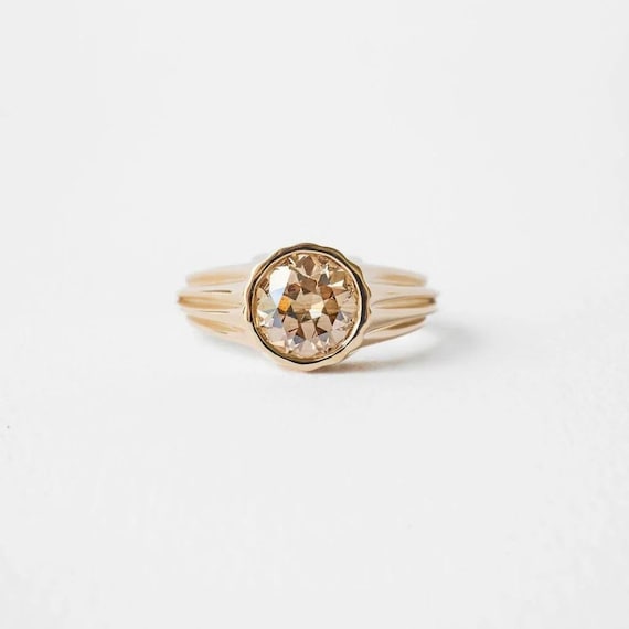 Old European Cut Engagement Ring, 14K Gold Bezel Set Champagne Round Cut Moissanite Ring, Wedding & Bridal Jewelry, Old Mine Diamond