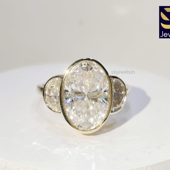 Bezel Set Oval Engagement Set, 14K Gold Three Stone Moissanite Ring, Half Moon Cut Diamond Ring, Handmade Promise Ring, Gifts For Women