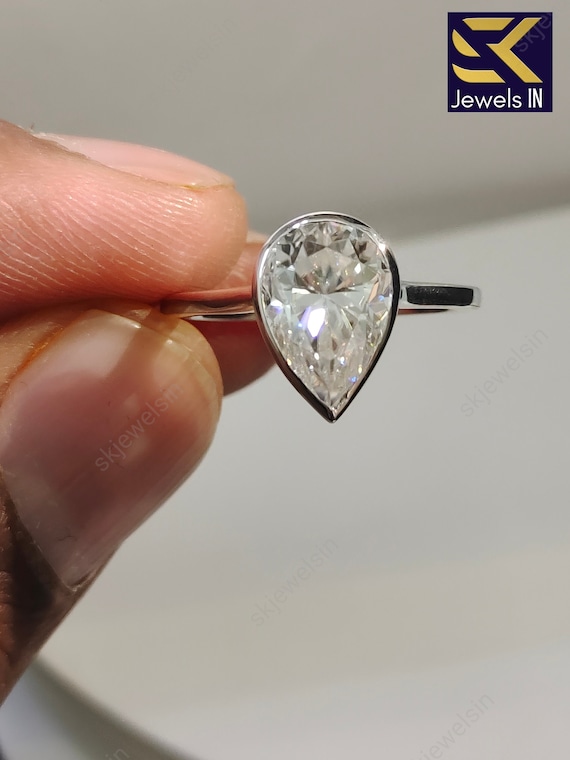 Pear Moissanite Engagement Ring, 14K Gold Teardrop Bezel Set