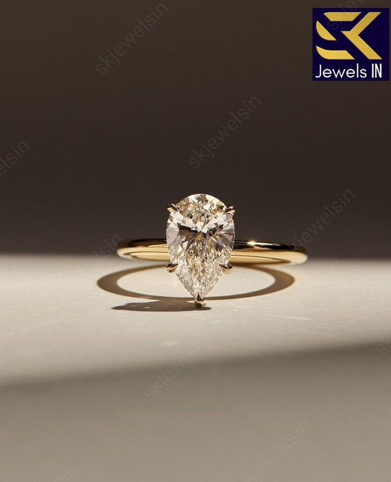 14K Gold Pear Moissanite Ring, Teardrop Hidden Halo Art Deco Engagement Ring