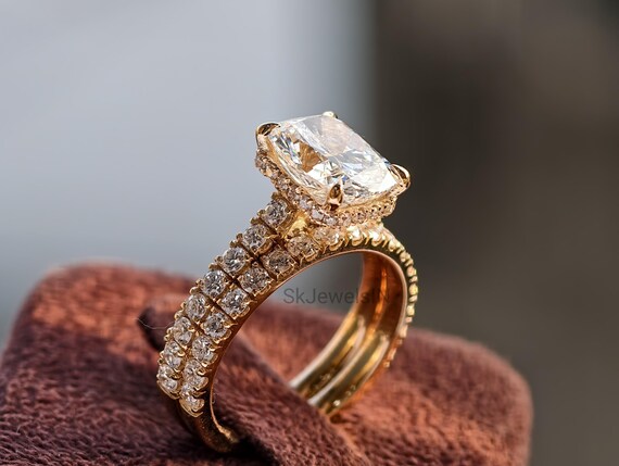 Cushion Cut Moissanite 14K Gold Engagement Ring, Hidden Halo Art Deco Ring