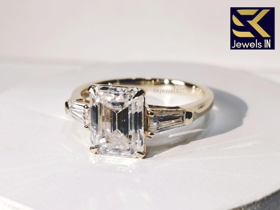 14K Gold Emerald Moissanite Engagement Ring, Baguette Accent