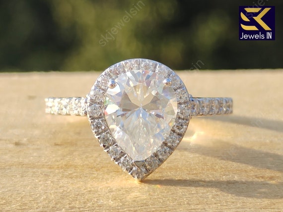 Pear Cut Moissanite Engagement Ring, 14K White Gold Teardrop Halo Wedding ring, Unique promise ring, Gifts for her, Handmade ring for women
