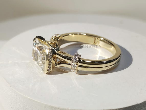 14K Gold Half-Bezel Set Radiant cut Moissanite Engagement Ring With Hidden Diamond, Wedding band, Unique bridal sets, Gifts For Women