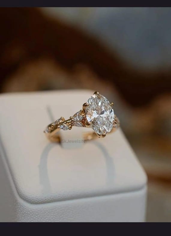 Oval Moissanite Engagement Ring, 14K Gold Nature inspired Leaf Shank Wedding Ring, Handmade Designer Promise Ring, Personalized gifts