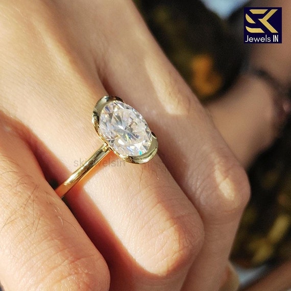 Half Bezel Set Oval Engagement Set, 14K Gold Diamond Ring,  Oval Moissanite Wedding Ring, Gifts For Women, Personalized Gift ring for her