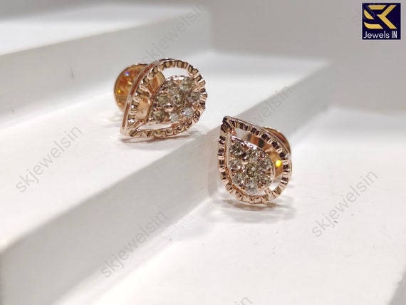 Round Cluster Set Moissanite Stud Earrings 14K Rose Gold teardrop shape Earrings, Unique Daily Wear Studs for Women Gift for Daughter