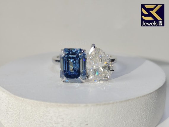 Toi et Moi Moissanite Ring, Blue Emerald & Pear, 14K White Gold