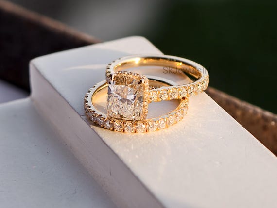14K Gold Elongated Cushion Halo Engagement Ring With Pave Set Wedding Band, Unique Gold Promise Ring, Personalized gifts