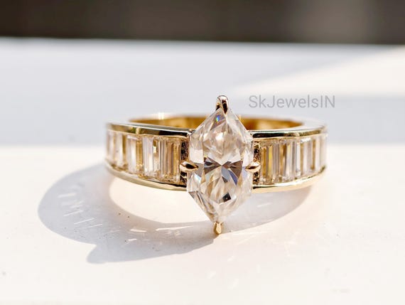 Dutch Marquise Engagement Ring 14K Gold Moissanite Wedding Ring With Baguette Channel Set Ring for Anniversary Gifts, Art Deco Ring Handmade
