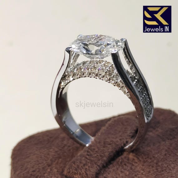 Oval Moissanite Engagement Ring, 14K White Gold Tension Set Wedding Ring, Personalized Gifts, Handmade Art Deco Gift for her