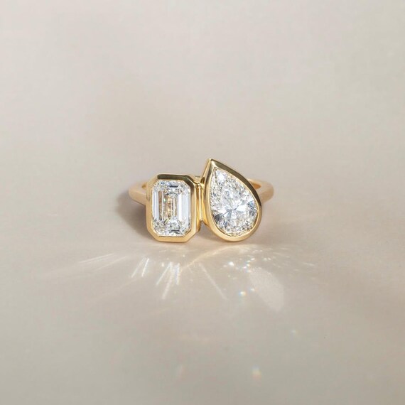 Toi et Moi Engagement Ring 14K Gold Pear Emerald Bezel Set Wedding Ring, Fancy Shape Moissanite, Art deco Anniversary Ring, gift for Her