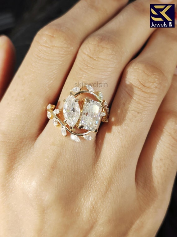 Toi Et Moi Engagement Ring, 14K Gold Nature Inspired Moissanite Wedding Ring, Anniversary gifts, Vintage Style Art deco Handmade Ring