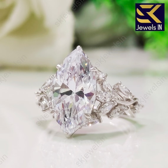 Marquise Moissanite Engagement Ring • 14K White Gold Nature Inspired Ring Set • Handmade Bridal Wedding Set • Personalized Promise Ring Gift