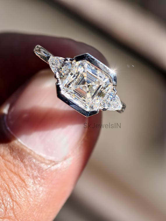 2.50 CT Asscher Cut Moissanite Ring, Half-Bezel Set Engagement Ring with Pear Accents, Antique Style Step Cut Diamond Alternative, Custom