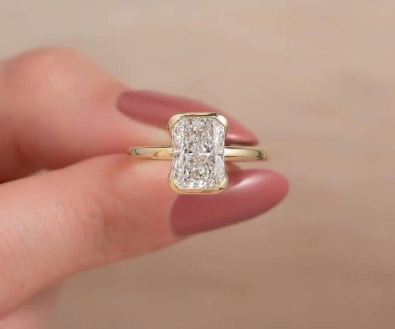 Half Bezel Set Radiant Cut Engagement Ring, 14K Gold East west Moissanite Wedding Ring, Handmade Personalized Gift, Ring For Her