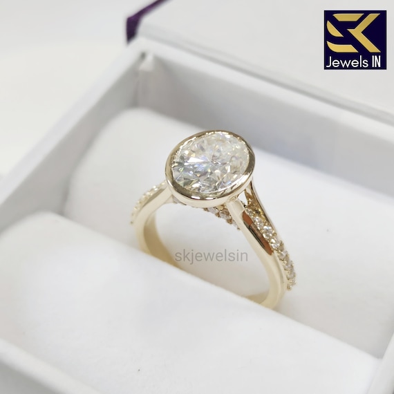 Bezel set oval engagement ring, 14K Gold halo Moissanite Wedding Ring, Low Profile ring , promise ring, Anniversary gifts