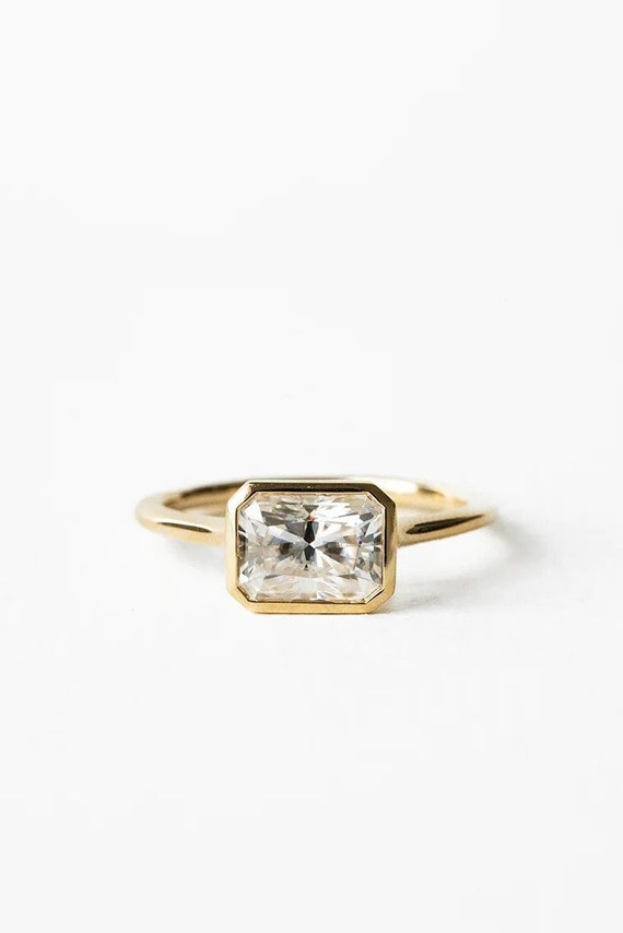 East West Radiant Cut Moissanite Engagement Ring, 14K Gold Bezel Set Wedding Ring, Personalized Gifts, Unique gifts for Women