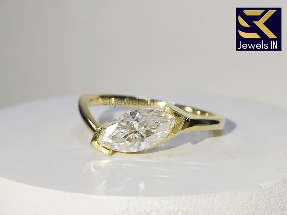 East West Marquise Engagement Ring, 14K Gold  Solitaire Moissanite Wedding Ring, Anniversary & Promise Ring For Her, Christmas Gifts