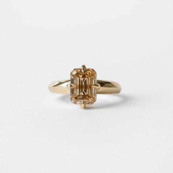 Champagne Color Emerald Moissanite Engagement Ring 14K Gold knife Edge Shank Solitaire Ring Wedding & Anniversary Ring Gift for Women