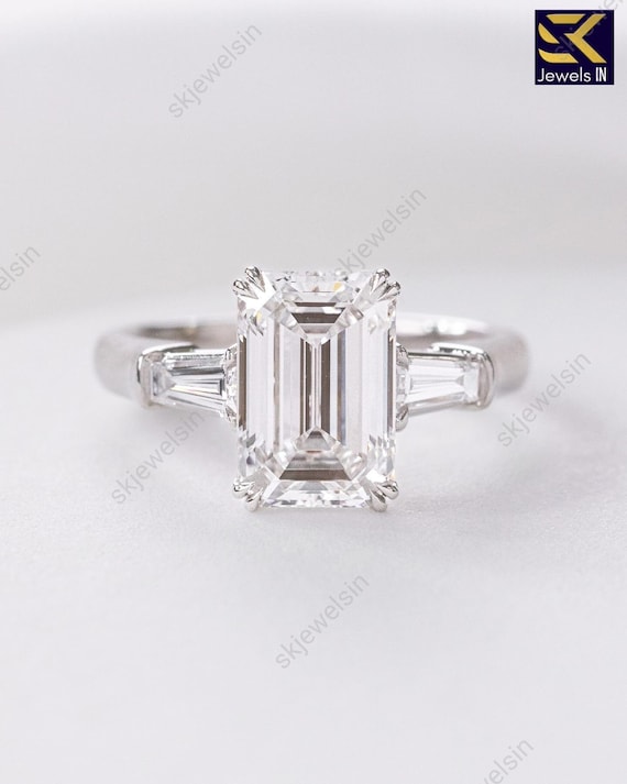 Emerald Cut Moissanite Engagement Ring, 14K White Gold Baguette Ring