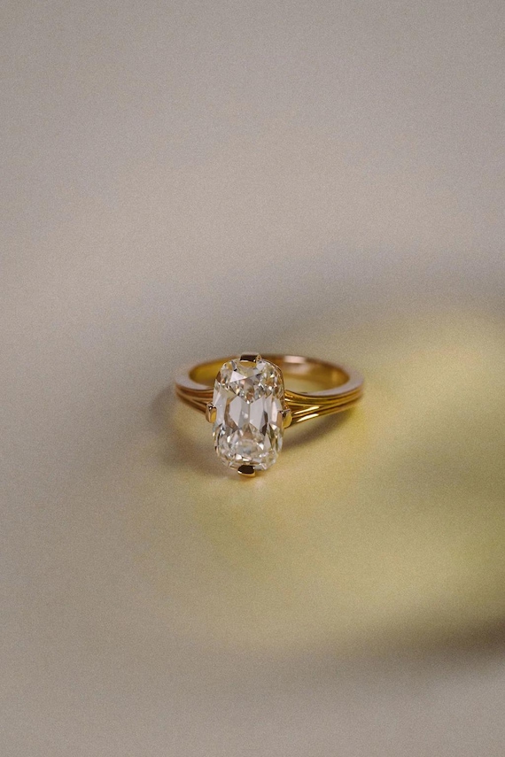 Elongated Old Mine Cut Moissanite Ring • Vintage Cushion Cut Engagement Ring • Split Shank Gold Wedding Ring • Antique Style Solitaire Ring