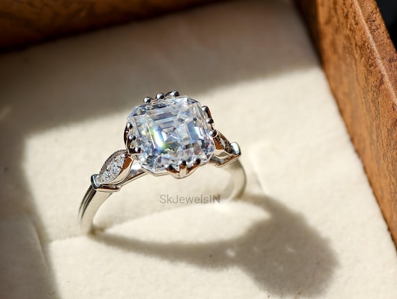 2 Carat Asscher Cut Moissanite Engagement Ring, Vintage Art Deco Solitaire, 10K 14k18k Solid Gold or Silver, Step Cut Wedding Ring, Milgrain