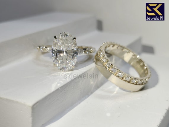 14K Gold Oval Moissanite Engagement Ring Set, Diamond Pave Band