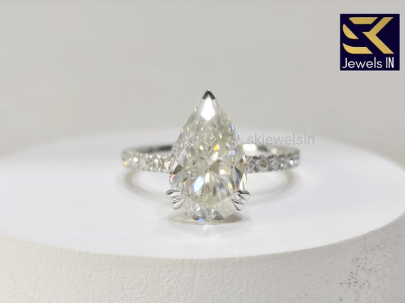 Pear Cut Moissanite Engagement Rin, 14K White Gold  Halo Pave Set Teardrop Wedding  Ring, Promise ring For her,  Gifts for Women