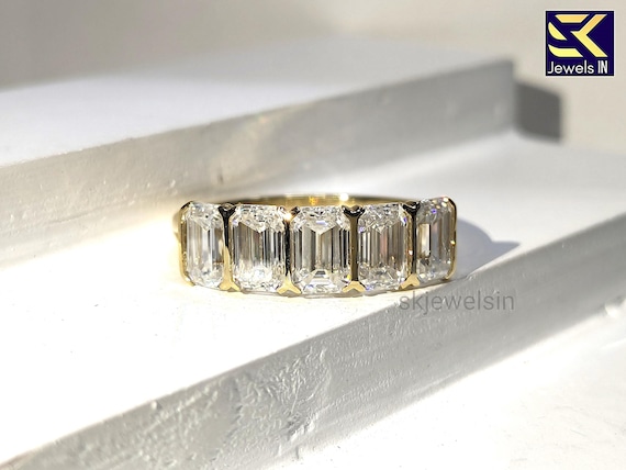 Half Bezel Set Emerald  Cut Moissanite Ring, 14K Gold Five Stone Ring, Anniversary gifts For women, Art deco Handmade ring, Gifts