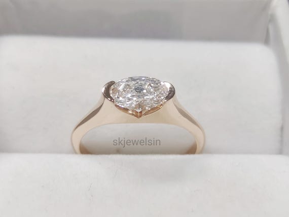 Half Bezel Set Oval Engagement Ring 14K Gold East West Oval Moissanite Ring Unique wedding ring Bridal set ring Handmade Rose gold ring