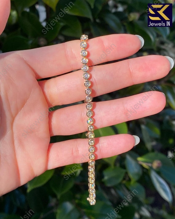 Handmade 14K Gold Moissanite Tennis Bracelet, Bezel Set Wedding Bracelet