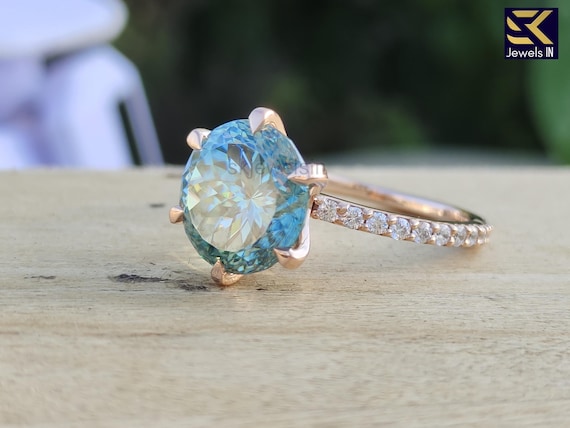 3.00 CT Portuguese Cut Green Moissanite 14K Rose gold Halo Claw Prongs set band Solitaire Engagement Ring | Gift for Her | Anniversary gift