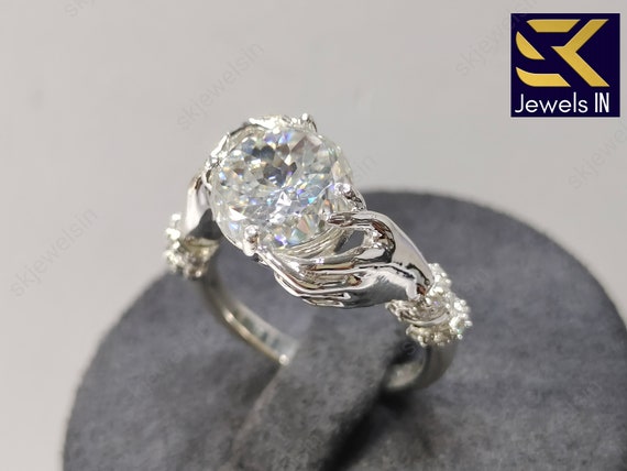 Moissanite Claddagh Ring, Art Nouveau Wedding Ring, Sterling Silver