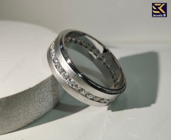 Men's Wedding Band, 14K White Gold Round Moissanite Channel Set Band For Him, Gift for Men, Eternity Matte Finished Gold Band For Men