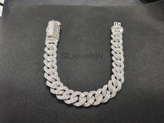 12mm Moissanite Cuban Link Bracelet Men - 925 Sterling Silver - Iced Out Diamond Chain - Round Cut VVS - Hip Hop Jewelry - Tester Pass