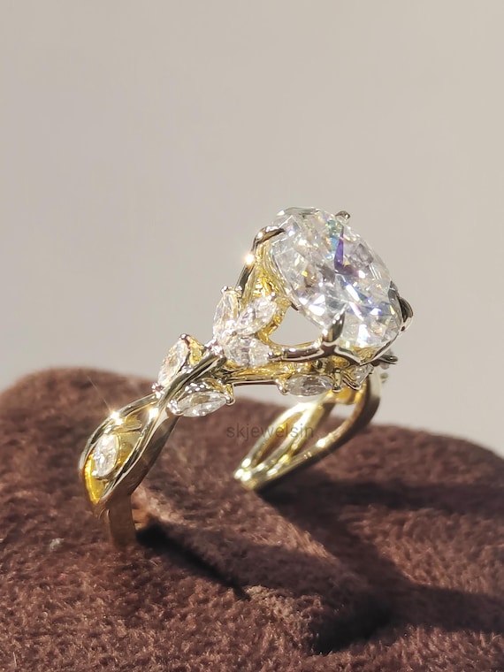 Vintage Oval Moissanite Engagement Ring, 14K Gold Leaf Shank, Nature Inspired Designer Ring, Handmade Art deco Ring For Women