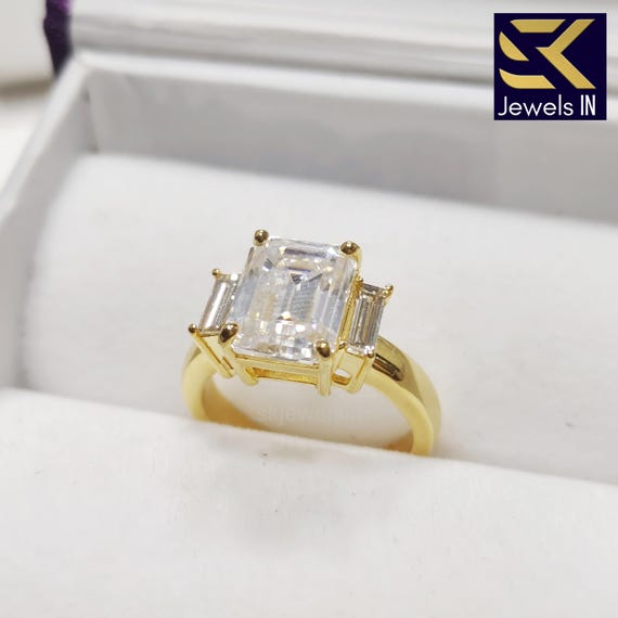 Emerald Cut Moissanite Engagement Ring, 14K Gold Three Stone Art Deco Ring