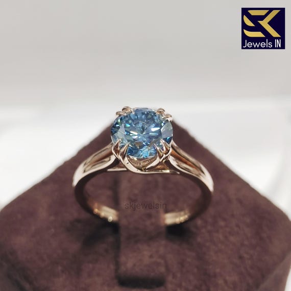 14K Rose Gold Blue Round Moissanite Engagement Ring, Double Claw Prong, Split band Wedding Ring, Anniversary Gifts, Promise ring handmade