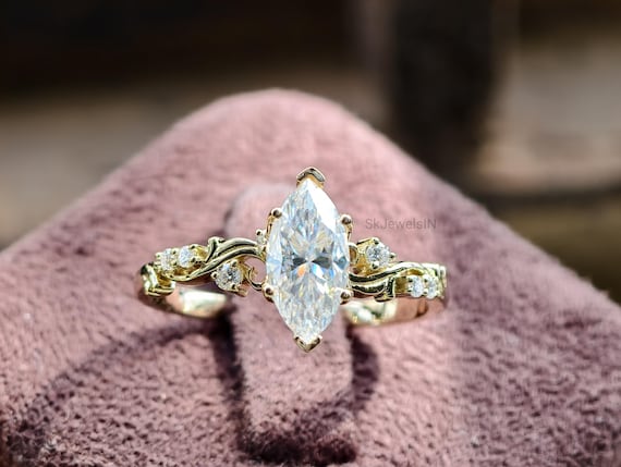 Vintage Art Deco Marquise Moissanite Ring, Antique Diamond Engagement Ring