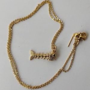 Fish Bone Necklace, Fish Skeleton Pendant, 18 Inch Gold Plated Necklace, Movable Fish Necklace Animal Necklace, Gift For Her