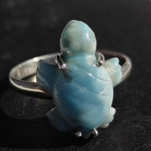 Larimar Turtle Ring, Sterling Silver Animal Ring, Carved Gemstone Jewelry, Ocean-Inspired Gift for Her, Handmade Sea Turtle Ring