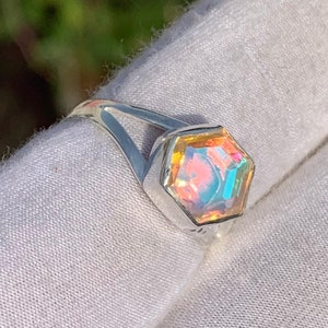 Magical Mystic Topaz Ring, Hexagon Cut, 925 Sterling Silver Ring, Solitaire Art Deco Ring, Engagement Ring, Rainbow Fire Men&#39;s Women&#39;s Ring