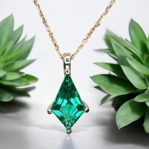 Kite green emerald necklace, Solid 14k yellow gold vintage unique Personalized pendant women her gemstone anniversary bridal