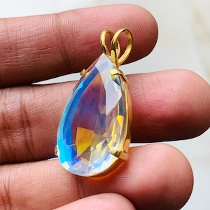 Angel Aura Quartz Pendant, Angel Aura Gold Pendant, Handmade Silver Pendant, Teardrop Angel Aura Quartz Designer Pendant