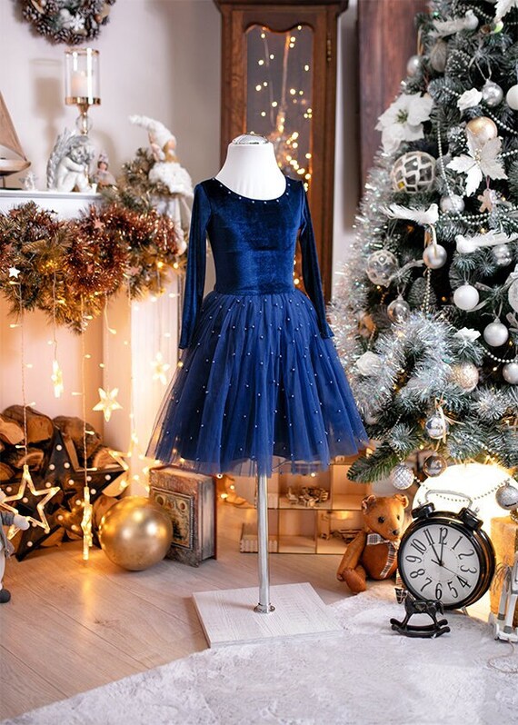 Tulle Dress Navy Blue Dress for a Girl Christmas Dress for a Child Dress With Pearls Birthday Dress With a Bow Etsy UK