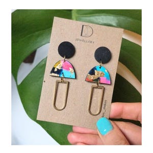 Hand-Painted Wood Dangle Earrings: Brass & Gold Leaf Detail