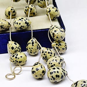 May include: A collection of dalmatian jasper beads, each with a cream base and black spots, strung on thin silver wires. The beads are displayed in a dark blue box with a light beige interior, suggesting jewelry or craft supplies.