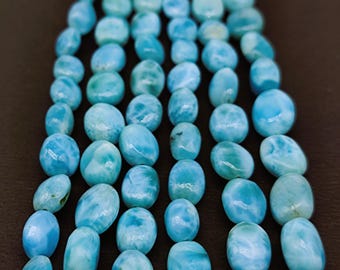 Piedra preciosa larimar natural AAA ovalada lisa: piedra de joyería hecha a mano (9 mm), tira de 14 pulgadas
